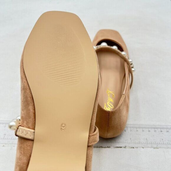 FOWT Nude Square Toe Slip on Flats Pearl Studded Strap Elegant Wedding Pumps - Picture 6 of 8